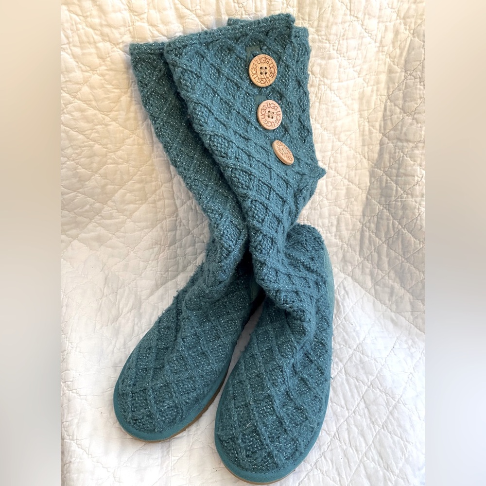 Ugg lattice knit tall sweater boot in aqua with silver sparkle ladies 7